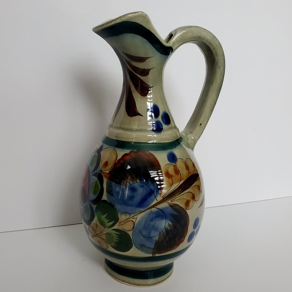 RARE * Vintage Tonala Mexican Folk Art Glossy Glazed Pottery Pitcher Blue Browns